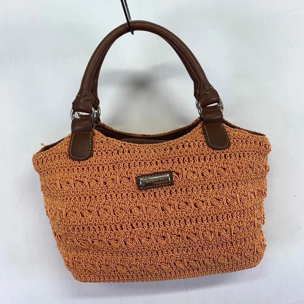 Rosetti Orange Woven Satchel Bag Purse Brown Faux Leather‎ Handle Small